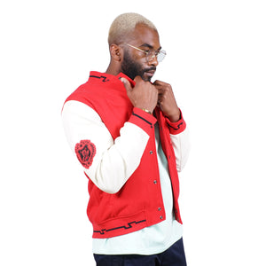 The red jacket has white sleeves with a red Bogart crest insignia on triceps area